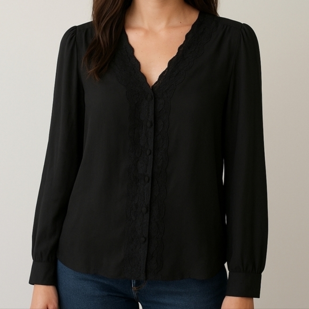 Joie Black Lace‎ Blouse Sz S Faux Button Front Whimsigoth Witchy Neutral Minimal